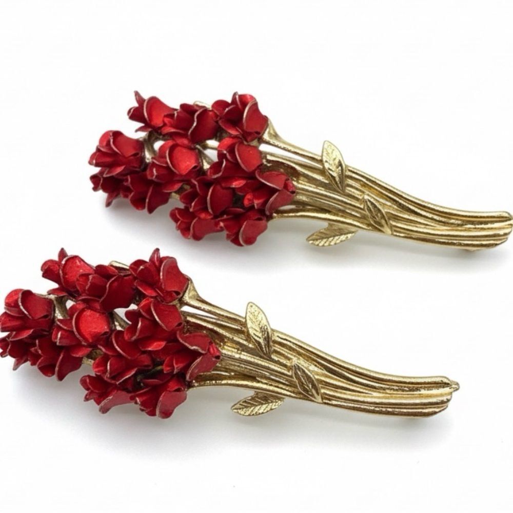 Vintage 1997 DM Red Enamel Rose Bouquet Brooch Pins Lot of 2 Gold Tone